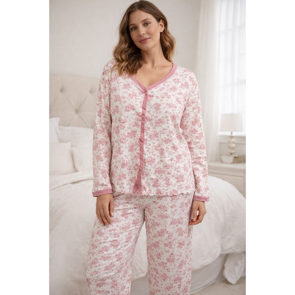Soft Surroundings Pajama Set 2X Pink Floral Cotton Cottagecore Lounge